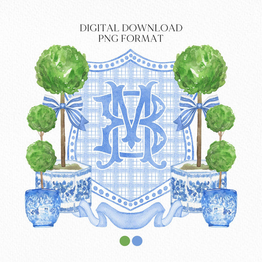 Chinoiserie Blue Topiary Wedding Crest - Monogram Crest - Chinoiserie Blue Watercolor Wedding Crest Romantic Wedding Crest