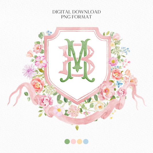 Wildflowers Bright Floral Colorful Watercolor Wedding Crest - Monogram Crest - Floral Watercolor Wedding Crest - Romantic Wedding Crest