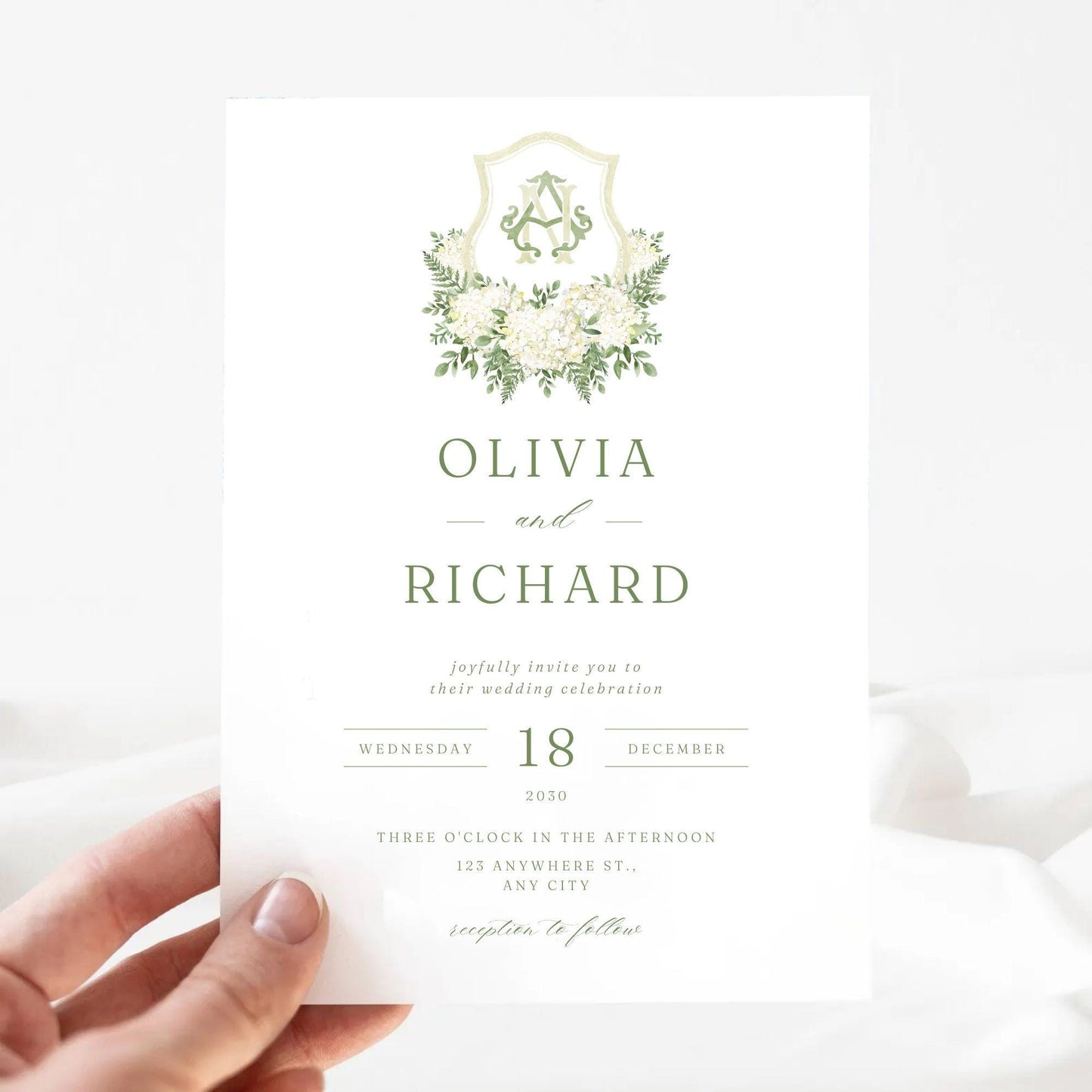 White Hydrangea Flower Greenery Wedding Crest - Monogram Crest - Hydrangea Floral Luxury Watercolor Wedding Crest - Romantic Wedding Crest