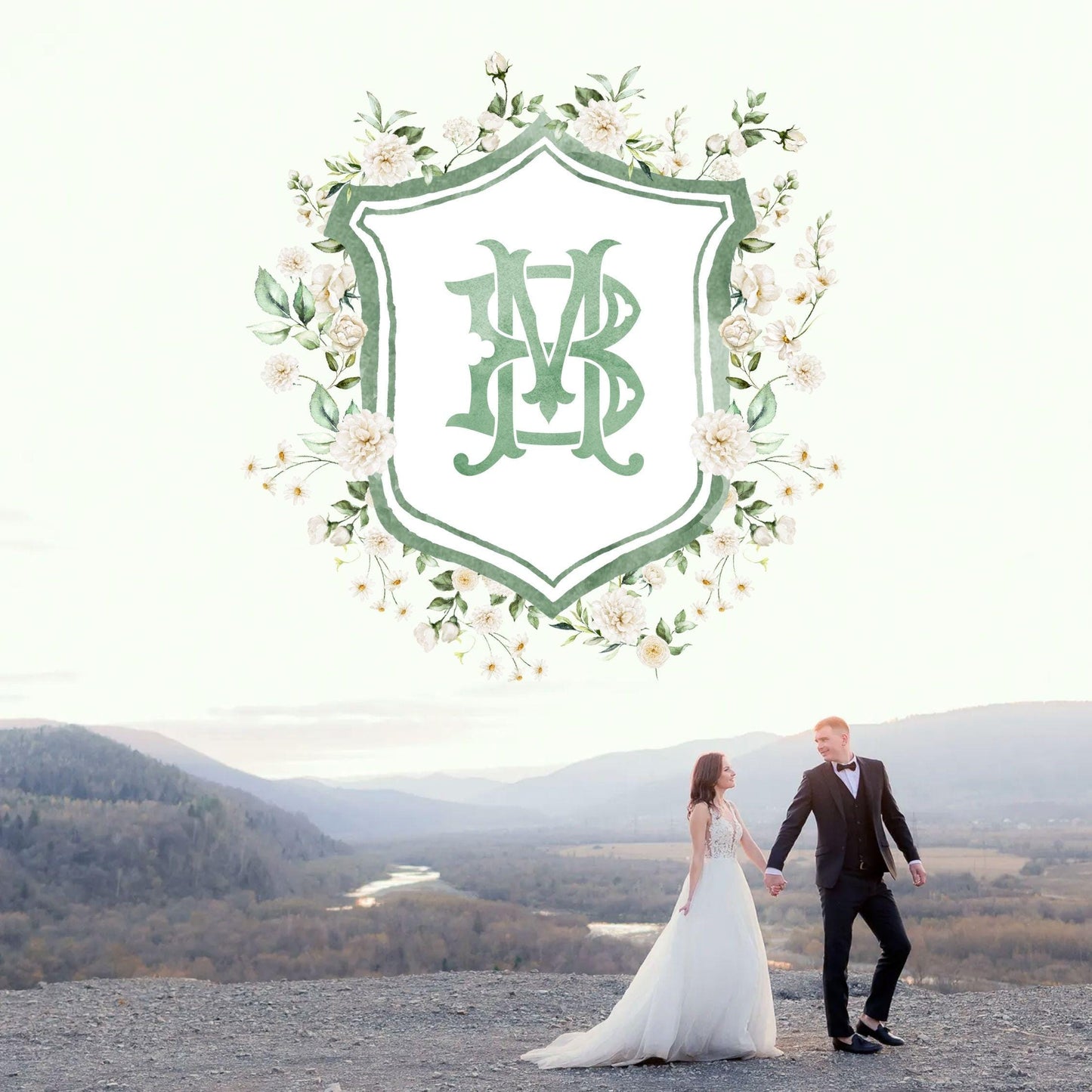 White Rose Greenery White Flower Wedding Crest - Monogram Crest - White Floral Watercolor Wedding Crest - Romantic Wedding Crest