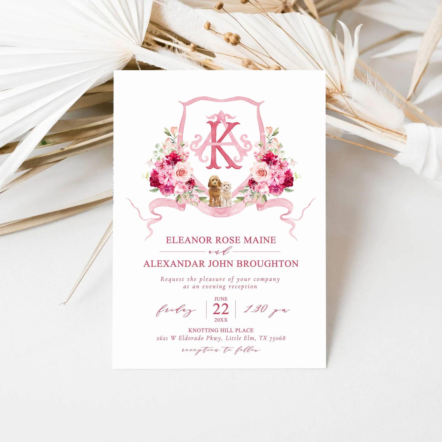 Hot Pink Flower Wedding Crest - Monogram Crest - blush pink Floral Luxury Watercolor Wedding Crest - Romantic Wedding Crest