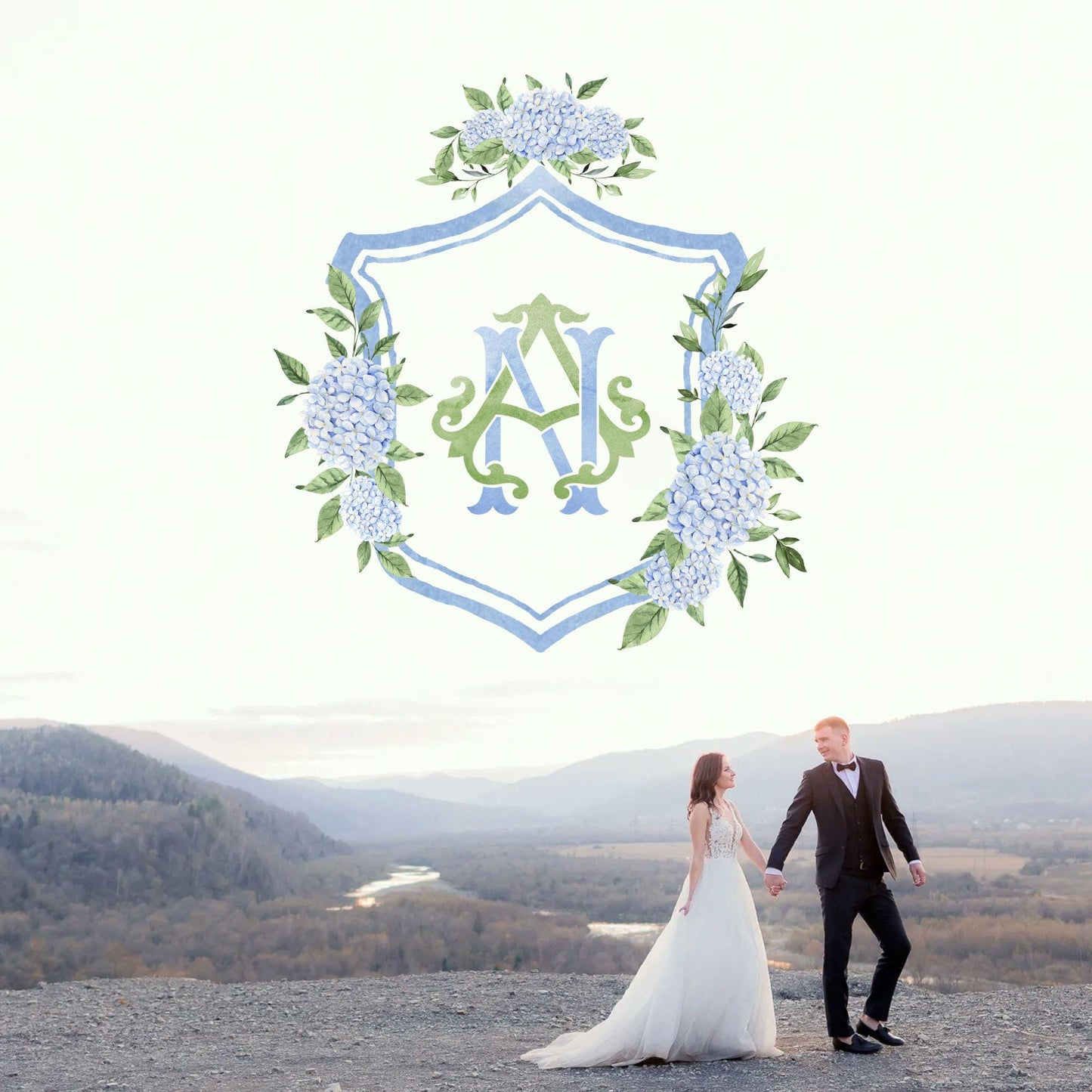 Hydrangea Flower Wedding Crest - Monogram Crest - Hydrangea Floral Luxury Watercolor Wedding Crest - Romantic Wedding Crest- Boho Hydrangea