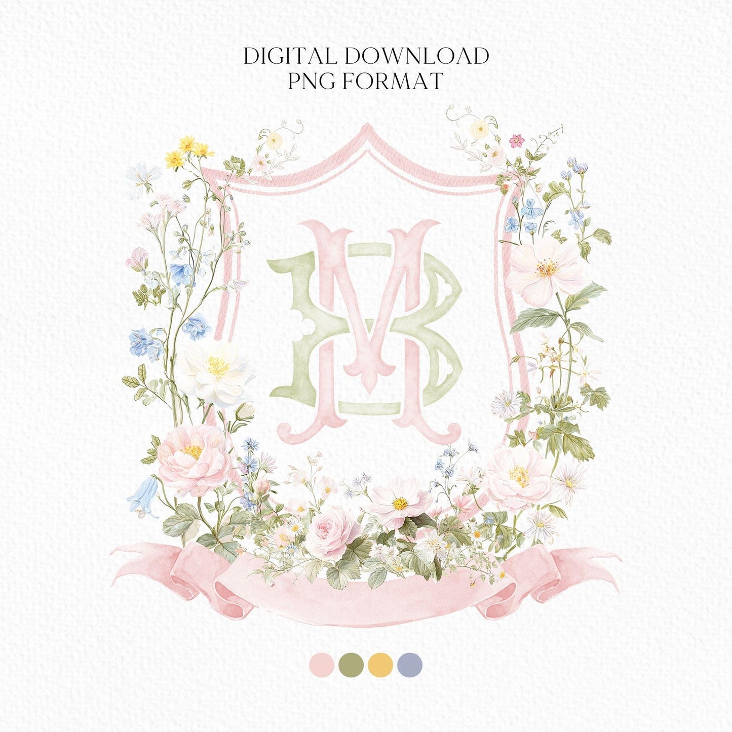 Pastel Wildflowers Light Pink Watercolor Wedding Crest - Monogram Crest - Floral Watercolor Wedding Crest - Romantic Wedding Crest