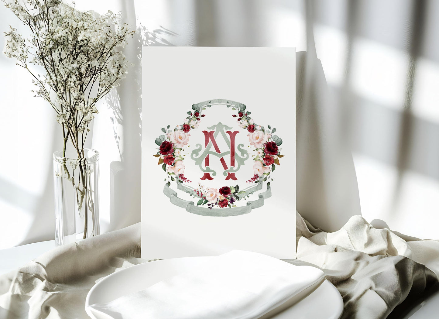 Geometric Burgundy blush Pink Floral Wedding Crest - Monogram Crest - Burgundy Floral Watercolor Wedding Crest - Romantic Wedding Crest