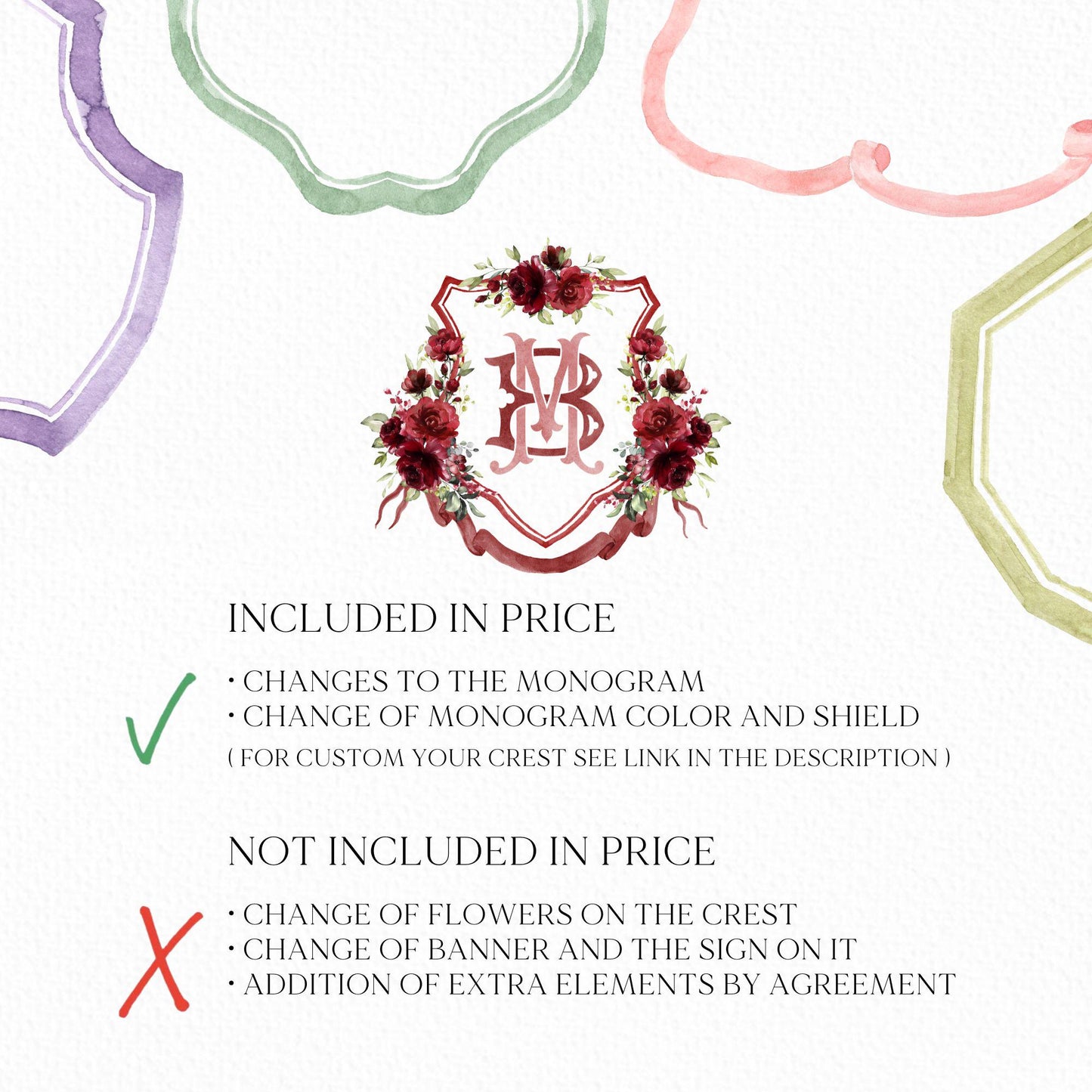 Rustic Blush Greenery Flower Wedding Crest - Monogram Crest - Roses Blush Red Floral Watercolor Wedding Crest - Romantic Wedding Crest