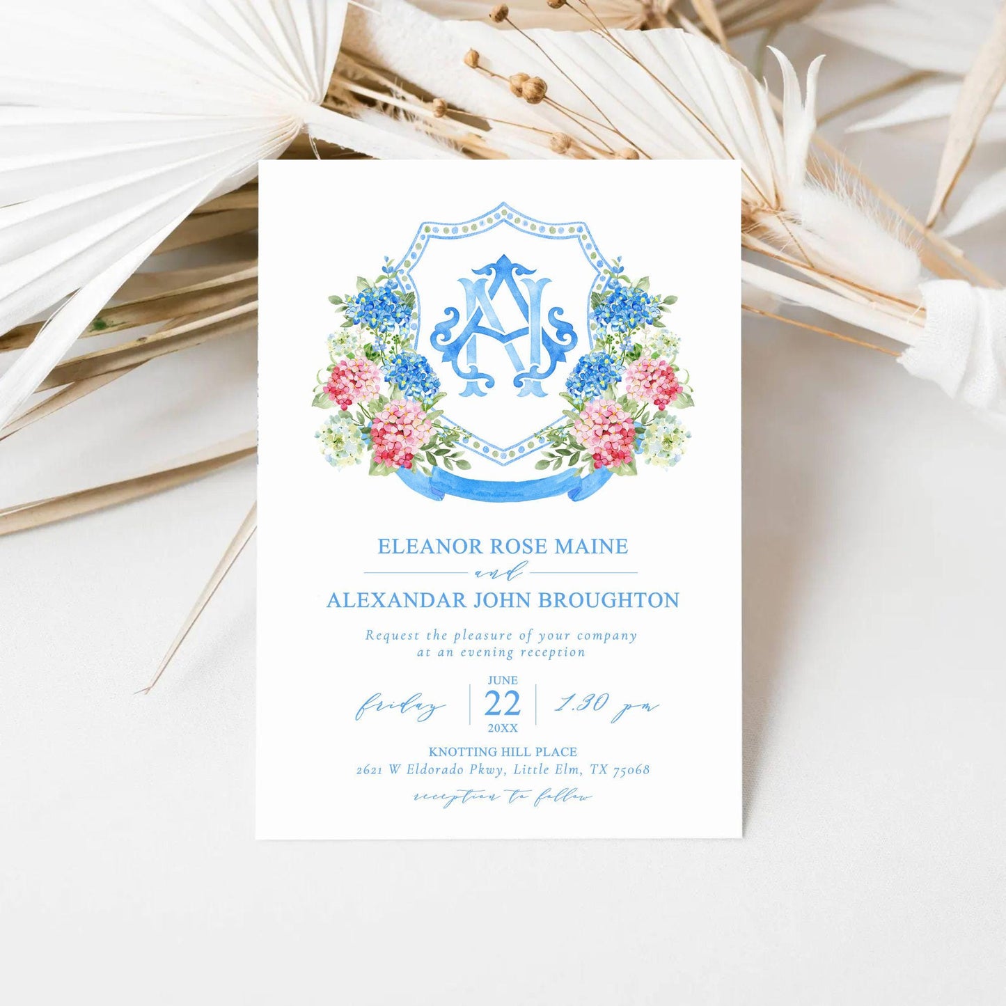 Watercolor Blue Pink Hydrangea Wedding Crest – Hydrangea Floral Monogram (Digital Download)