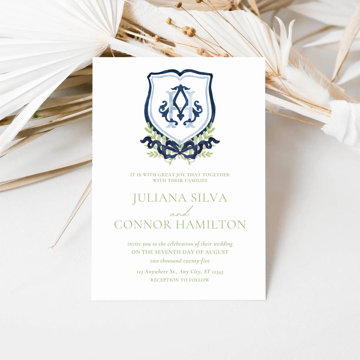Dark Blue Watercolor Classic Eucalyptus Ribbon Flower Wedding Crest - Monogram Crest - Watercolor Wedding Crest - Romantic Wedding Crest