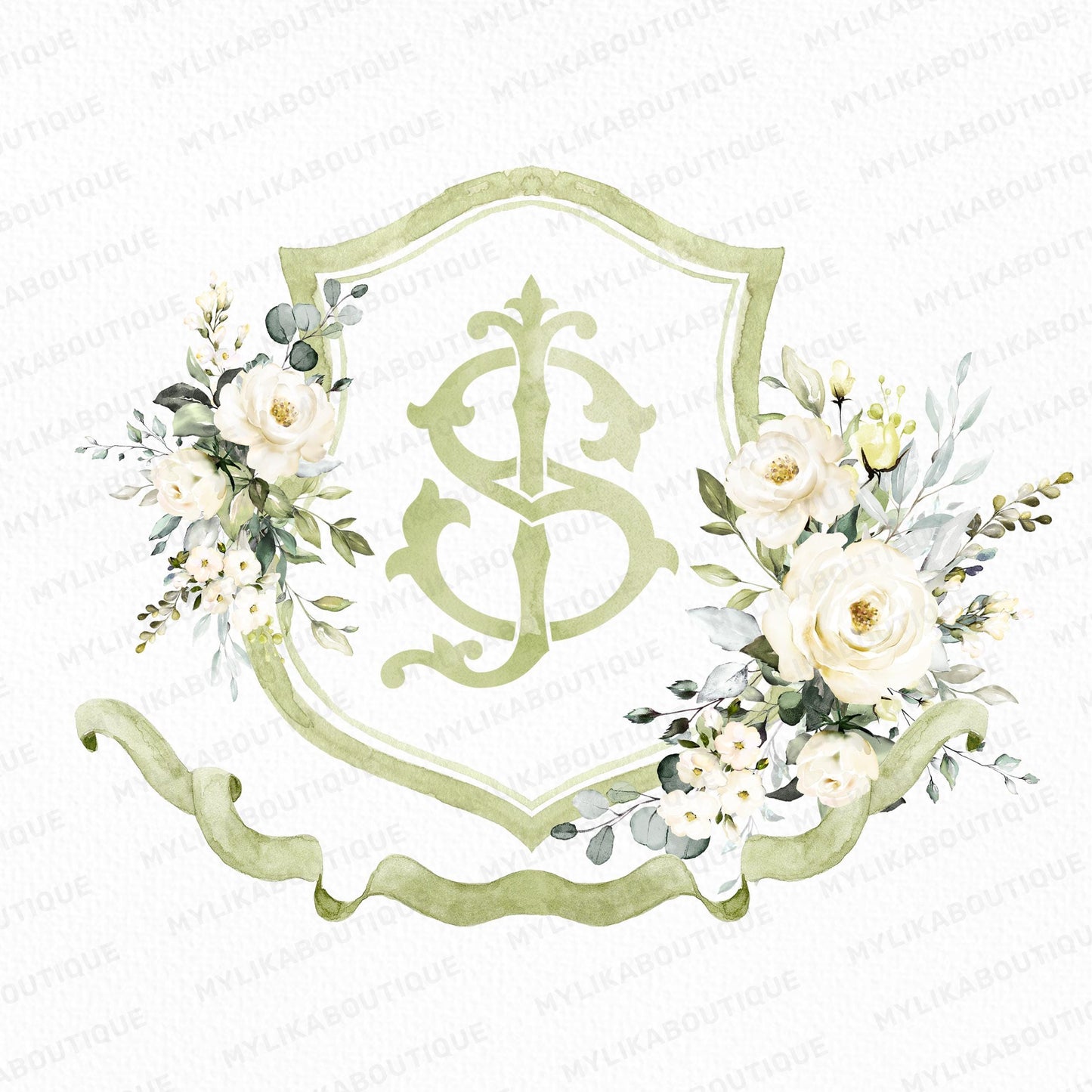Creamy Rose Ivory Greenery Gold Flower Wedding Crest - Monogram Crest - Floral Luxury Watercolor Wedding Crest - Romantic Wedding Crest