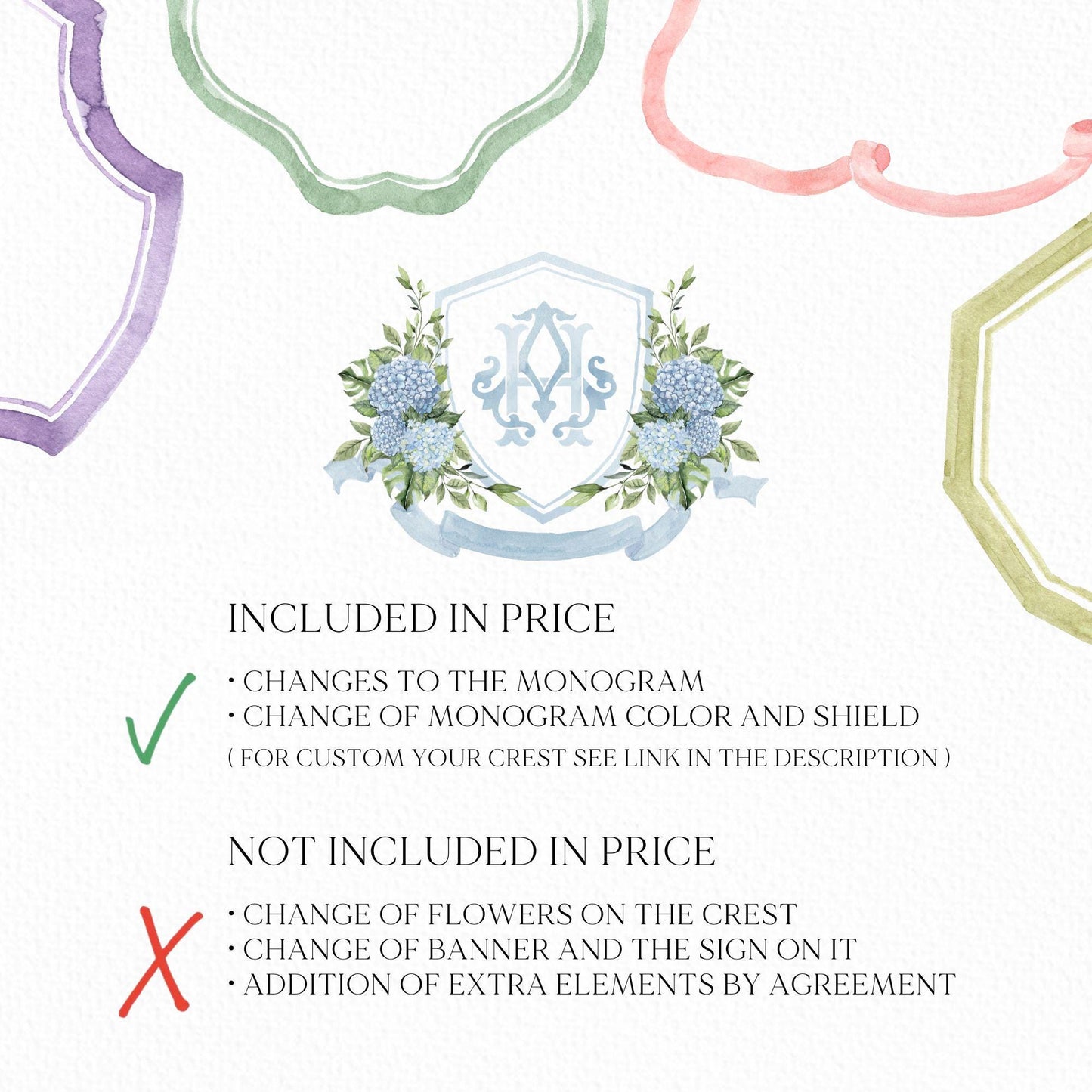 Blue Hydrangea Flower Wedding Crest - Monogram Crest - Hydrangea Floral Luxury Watercolor Wedding Crest - Romantic Wedding Crest