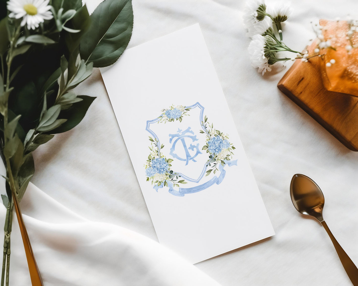 Blue and White Hydrangea Flower Wedding Crest - Monogram Crest - Hydrangea Floral Luxury Watercolor Wedding Crest - Romantic Wedding Crest