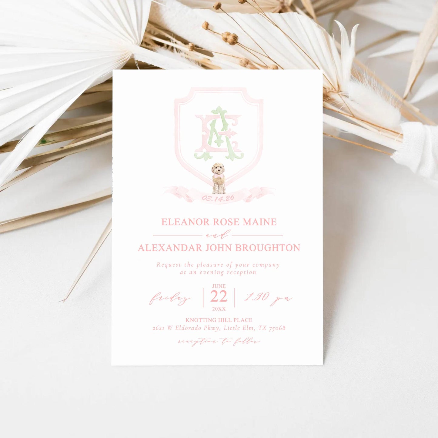 Watercolor Pink Classic Eucalyptus Ribbon Flower Wedding Crest - Monogram Crest -  Luxury Watercolor Wedding Crest - Romantic Wedding Crest