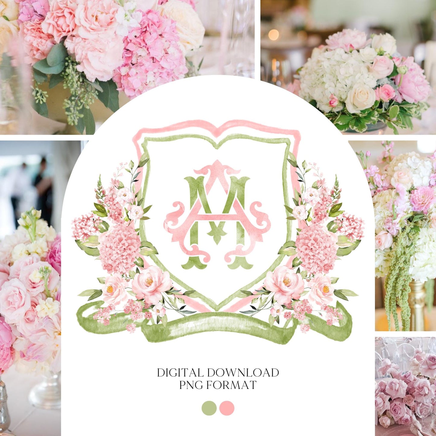 Hydrangea Blush Pink Rose Flower Wedding Crest - Monogram Crest - Pink Hydrangea Floral Luxury Watercolor Wedding Crest