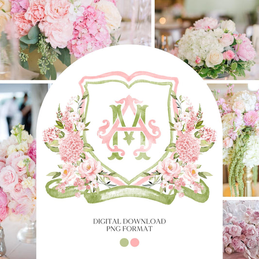 Hydrangea Blush Pink Rose Flower Wedding Crest - Monogram Crest - Pink Hydrangea Floral Luxury Watercolor Wedding Crest