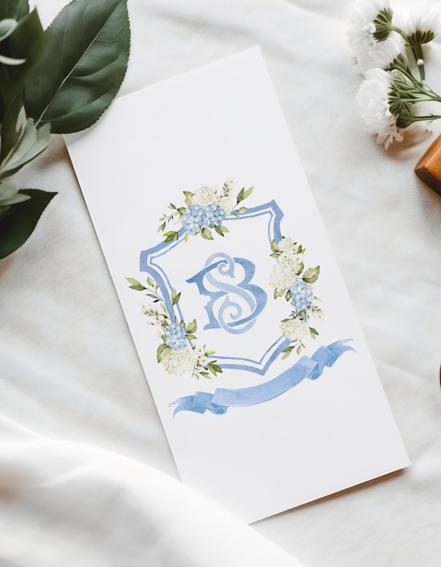 White Blue Hydrangea Flower Wedding Crest - Monogram Crest - Hydrangea Floral Watercolor Wedding Crest - Romantic Wedding Crest - Hydrangea