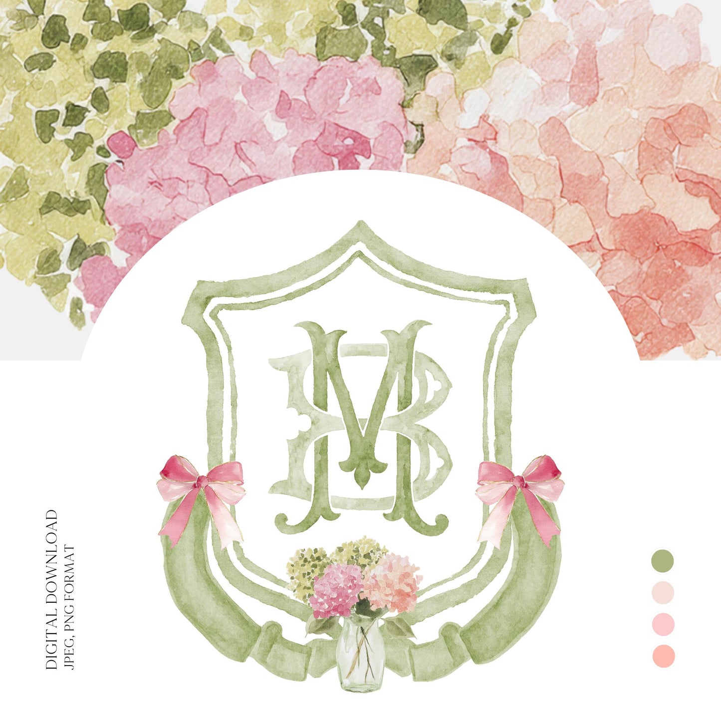 Hydrangea Green Pink Wedding Crest - Monogram Crest - Pink Hydrangea Green Floral Luxury Watercolor Wedding Crest - Romantic Wedding Crest