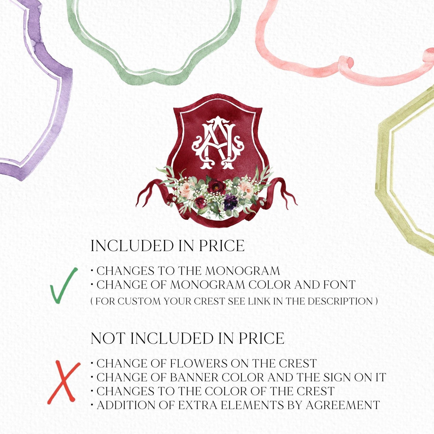 Burgundy Blush Rustic Greenery Flower Wedding Crest - Monogram Crest - Floral Luxury Watercolor Wedding Crest - Romantic Wedding Crest