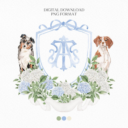 Blue White Hydrangea Flower Wedding Crest - Monogram Crest - Hydrangea Floral Luxury Watercolor Wedding Crest - Romantic Wedding Crest