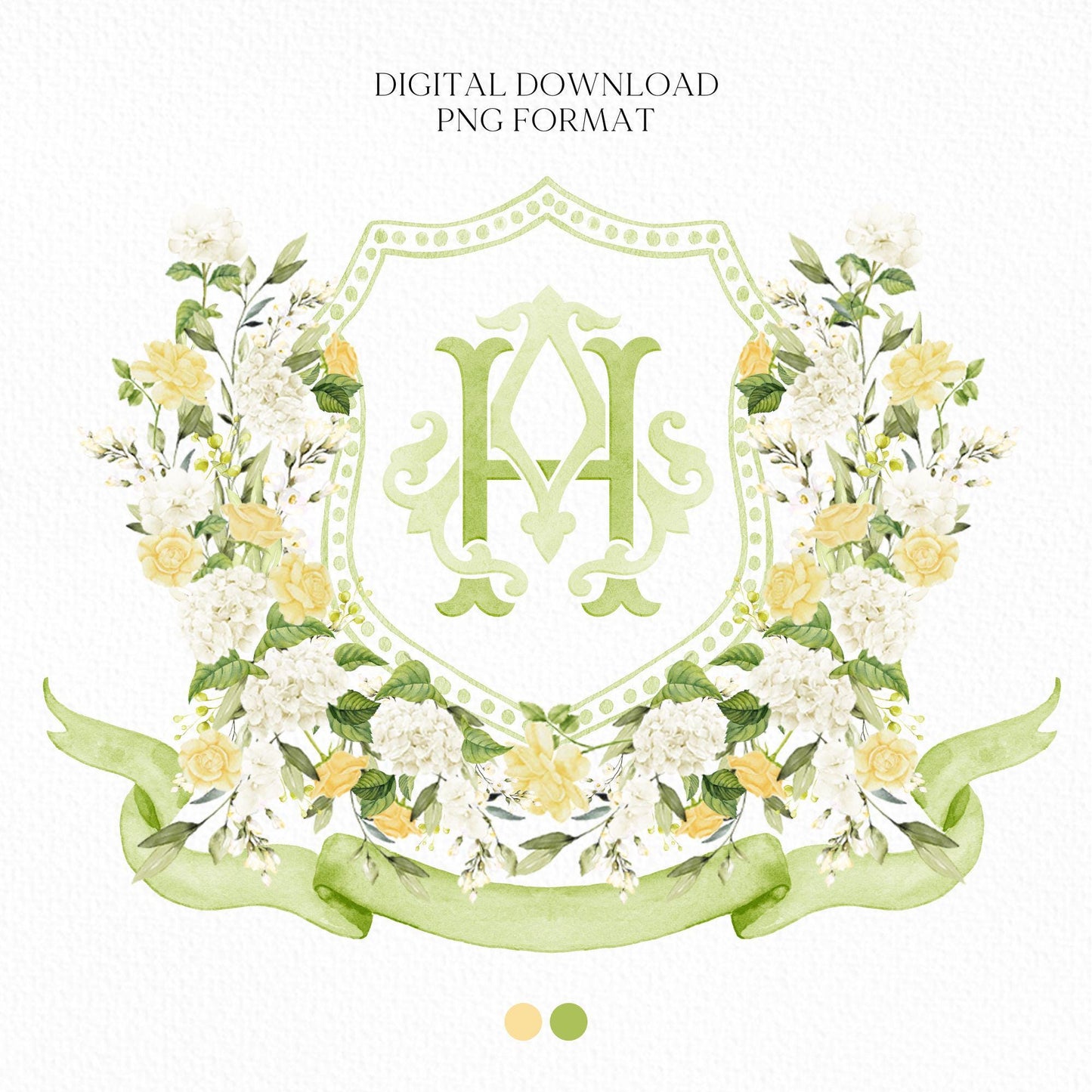 White Hydrangea Light Yellow Rose Flower Wedding Crest - Monogram Crest - Hydrangea Floral Luxury Watercolor Wedding Crest