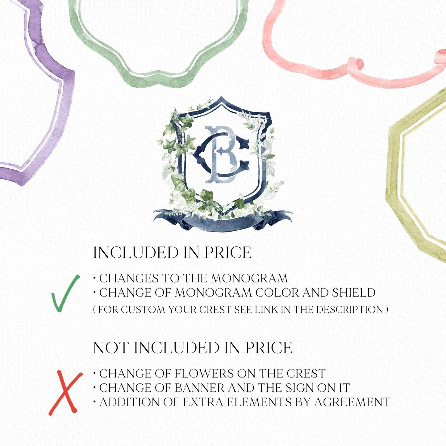 Ivy Vines Greenery Flower Wedding Crest - Monogram Crest - Green Leaf Branch Watercolor Wedding Crest - Romantic Wedding Crest