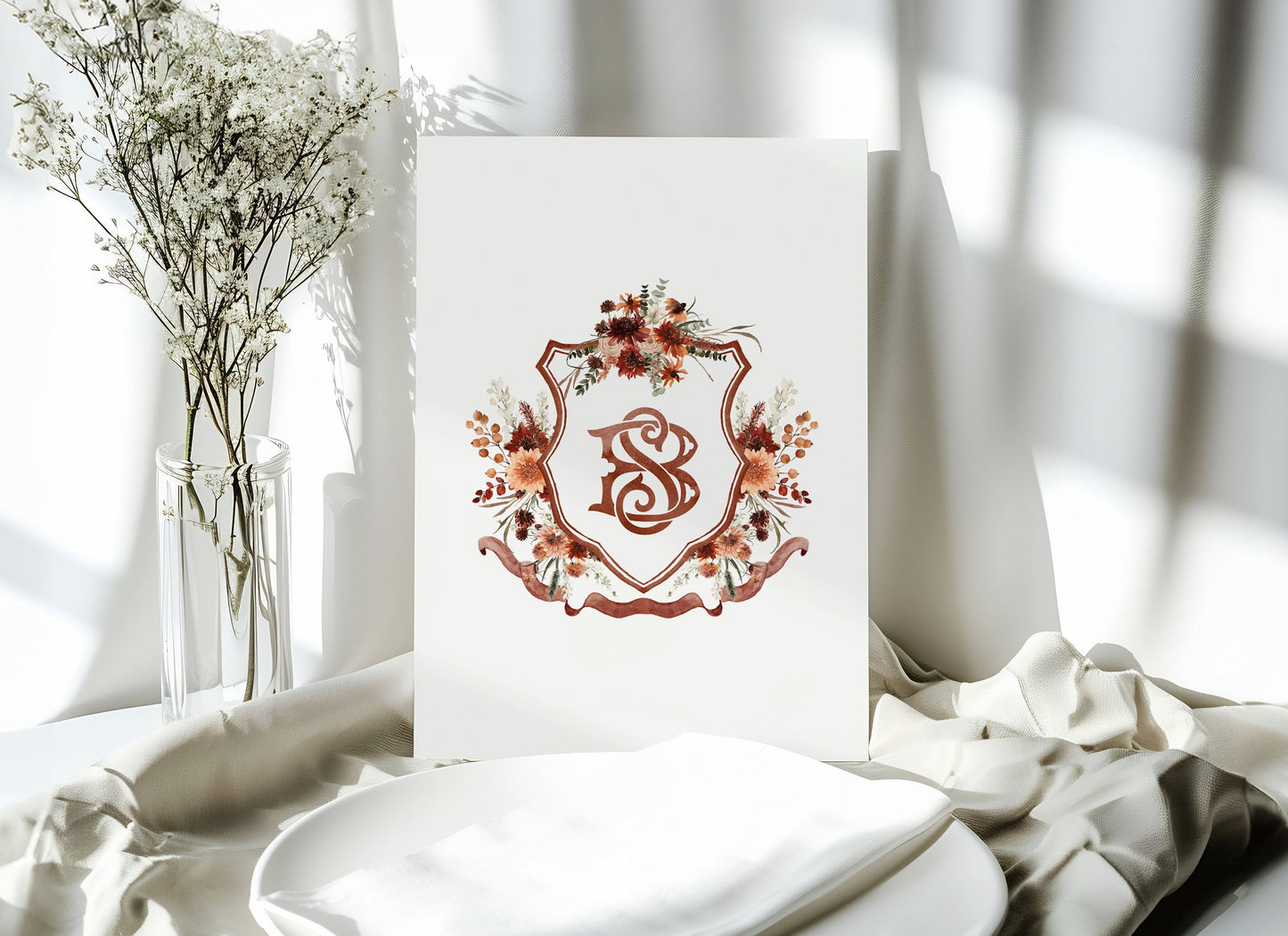 Terracotta Flower Wedding Crest - Monogram Crest - Autumn Fall Floral Luxury Watercolor Wedding Crest - Romantic Wedding Crest- Boho Fall