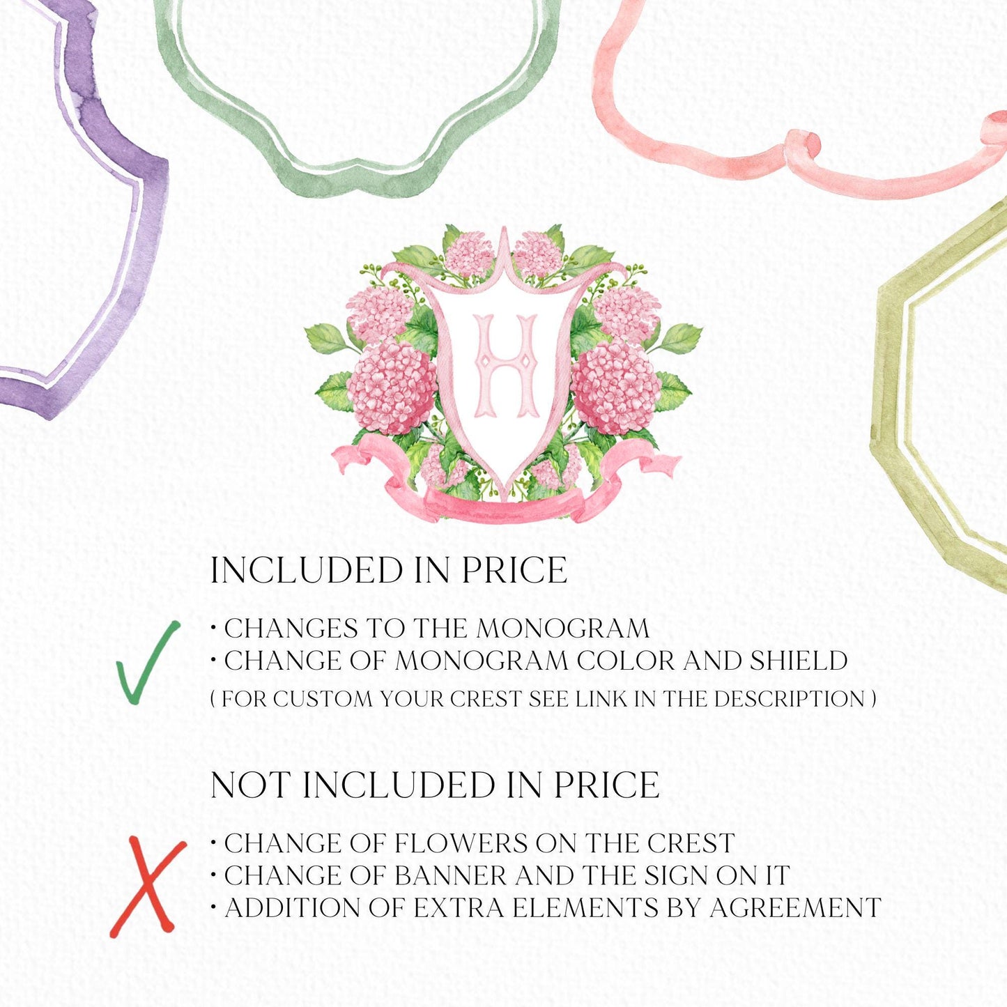 Pink Hydrangea Flower Wedding Crest - Monogram Crest - Hydrangea Floral Luxury Watercolor Wedding Crest - Romantic Wedding Crest