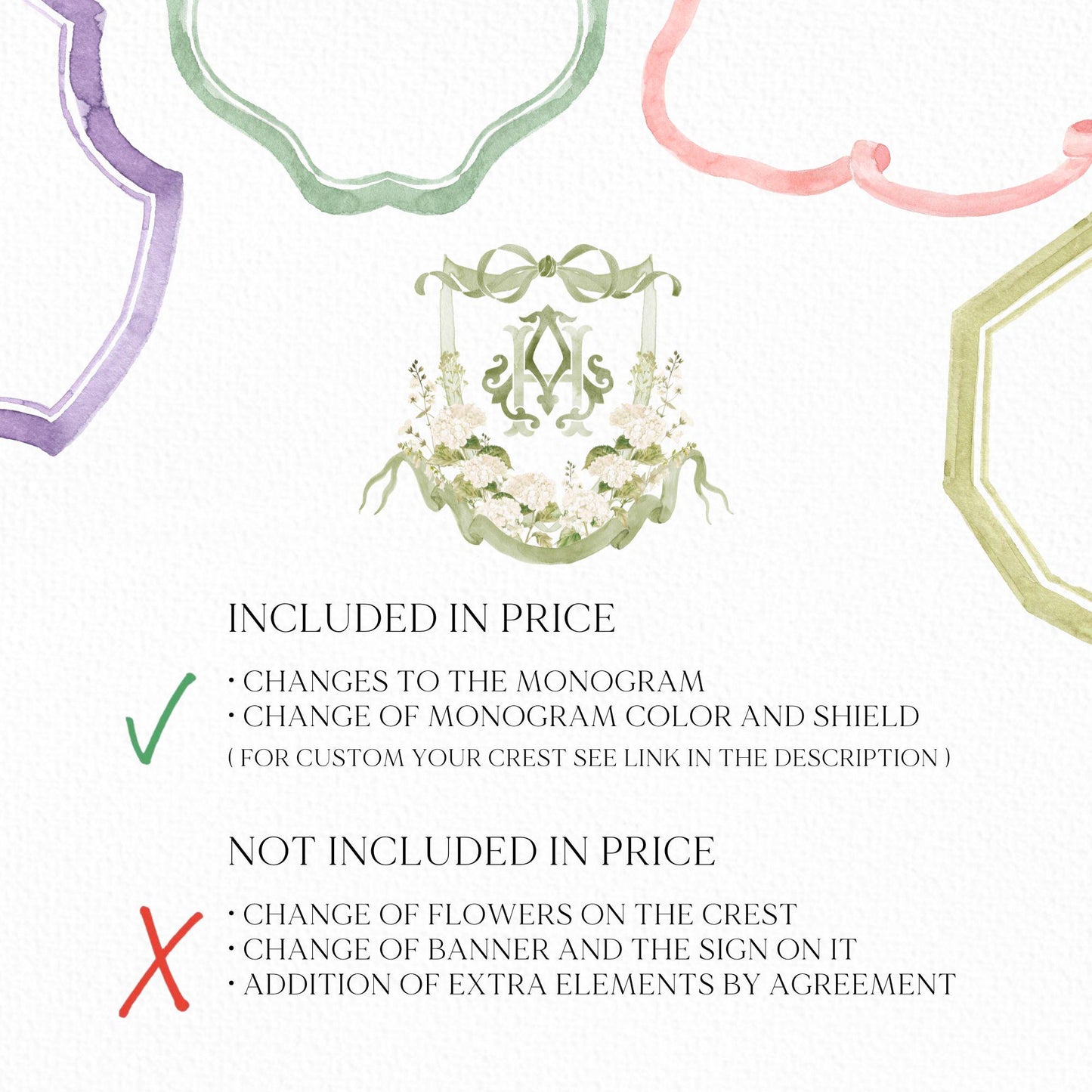 White Hydrangea Flower Greenery Wedding Crest - Monogram Crest - Hydrangea Floral Luxury Watercolor Wedding Crest - Romantic Wedding Crest