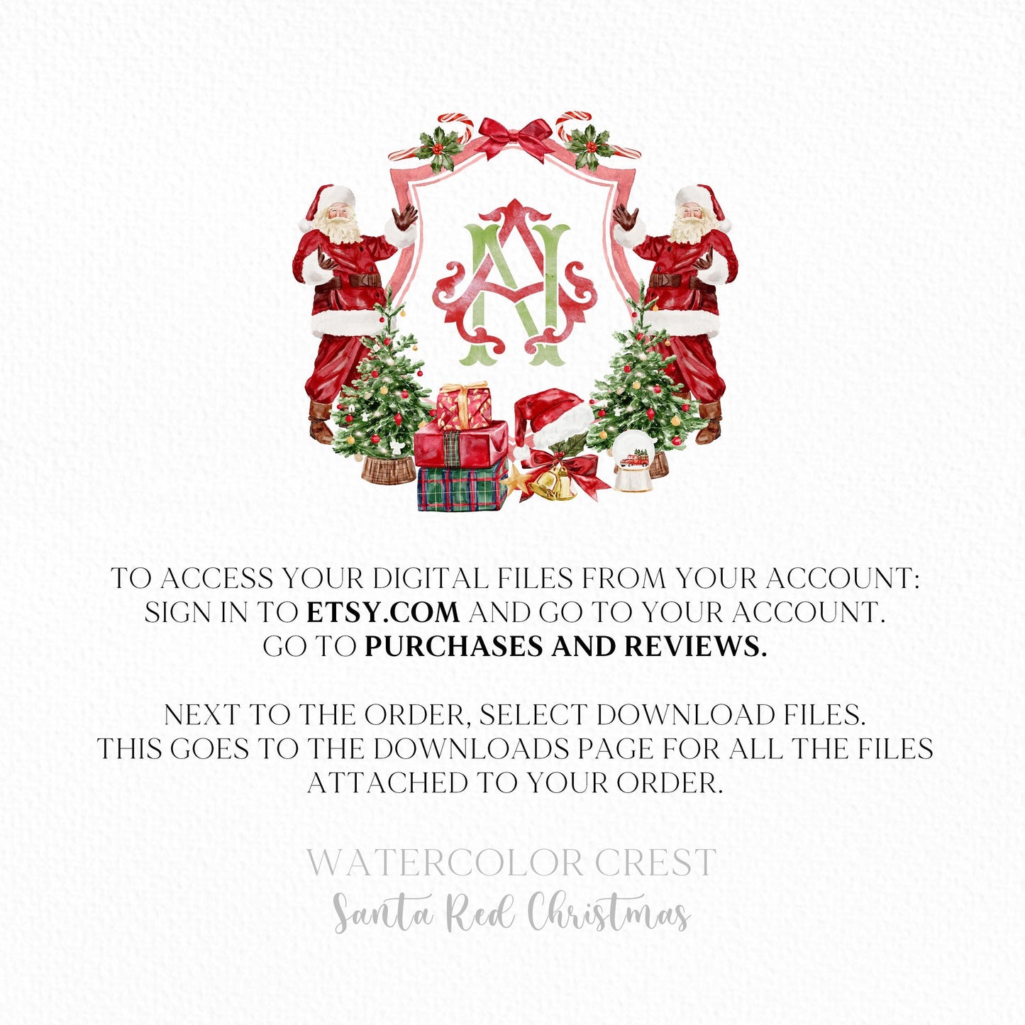 Santa Red Green Christmas Crest - Monogram Crest - Christmas Watercolor Crest DIY - Luxury Watercolor Wedding Crest - Santa Red Christmas