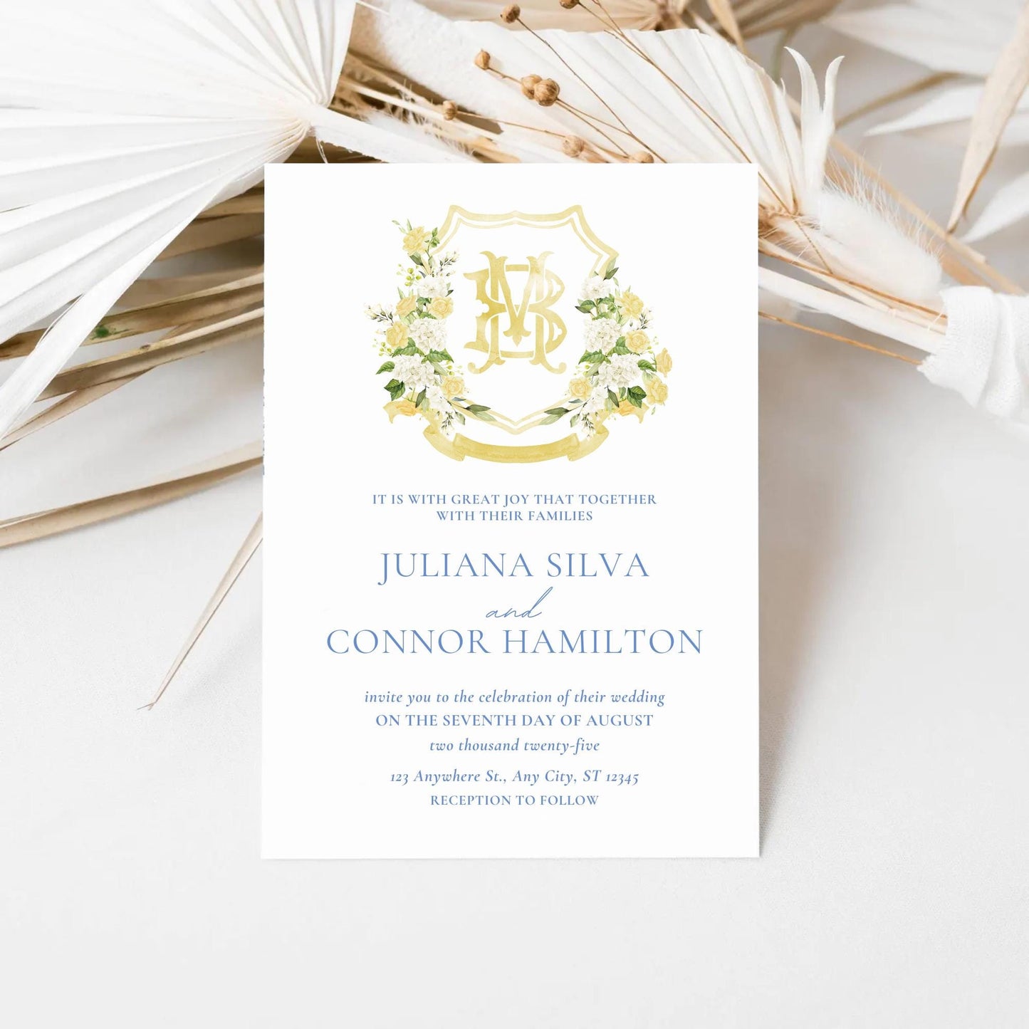 White Hydrangea Yellow Roses Flower Wedding Crest - Monogram Crest - Greenery Floral Luxury Watercolor Wedding Crest