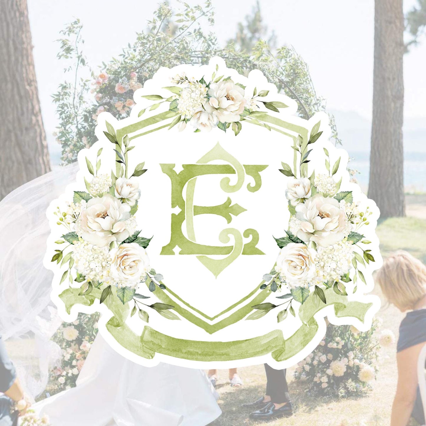 White Rose Greenery White Flower Wedding Crest - Monogram Crest - White Cream Roses flower Watercolor Wedding Crest - Romantic Wedding Crest