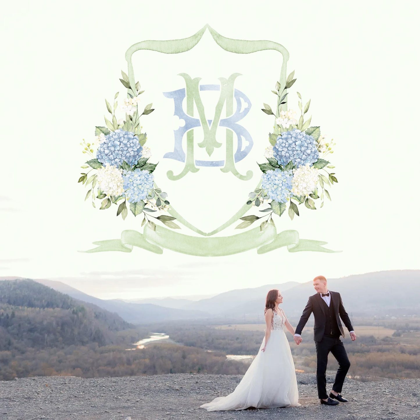 White Roses Hydrangea Flower Wedding Crest - Monogram Crest - Hydrangea Floral Luxury Watercolor Wedding Crest - Romantic Wedding Crest