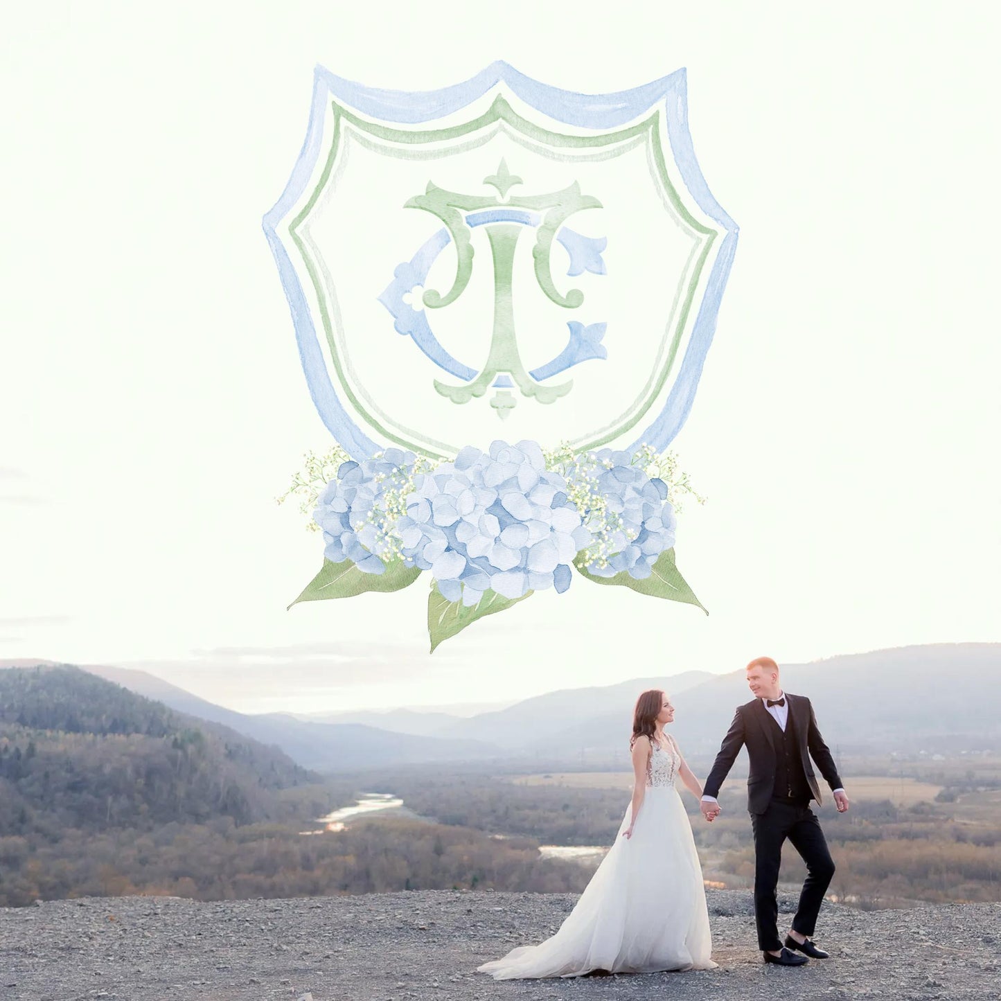 Hydrangea Flower Sage Green Baby's Breath Wedding Crest - Monogram Crest - Hydrangea Light Blue Floral Luxury Watercolor Wedding Crest
