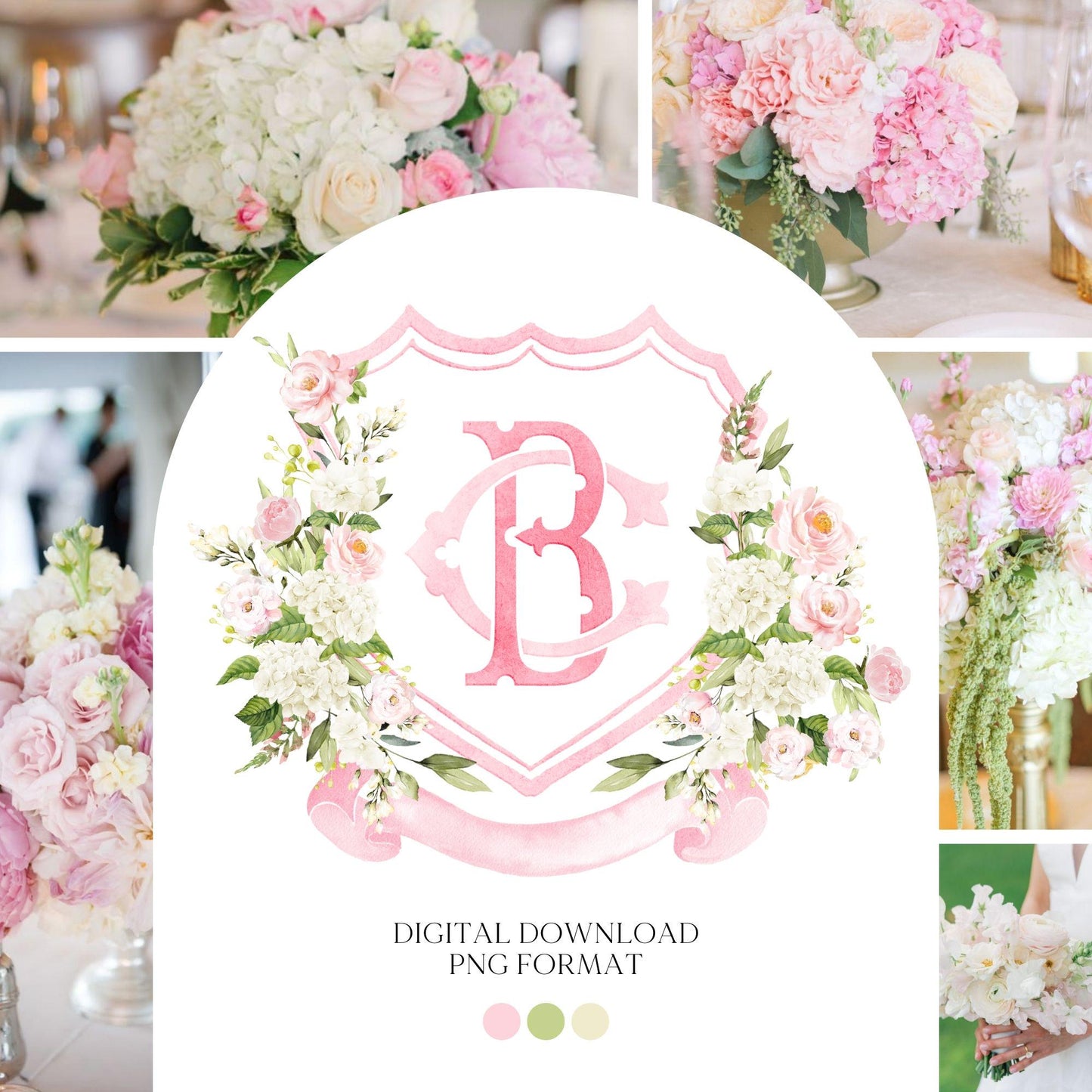 White Hydrangea Blush Pink Rose Flower Wedding Crest - Monogram Crest - Hydrangea Floral Luxury Watercolor Wedding Crest