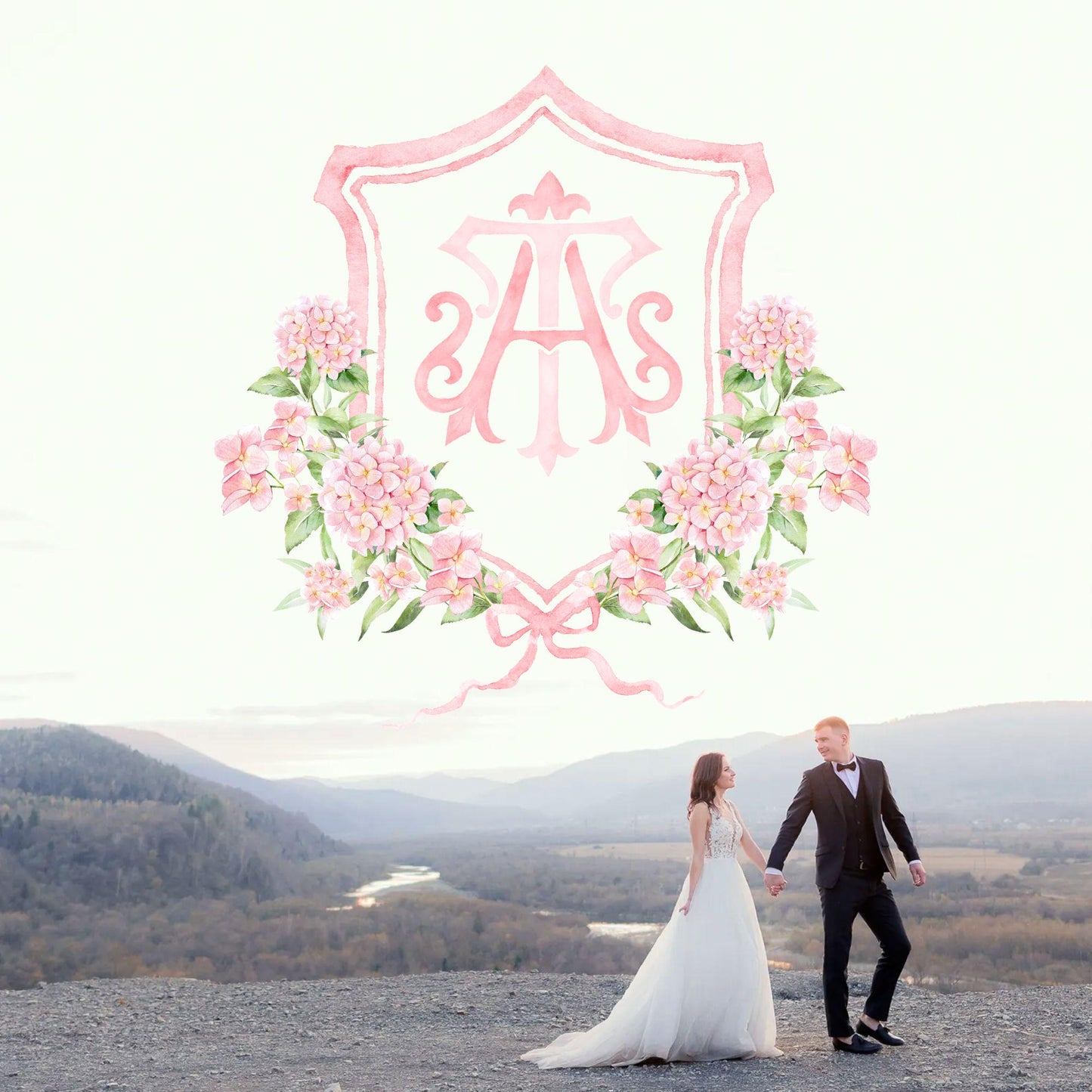 Pink Hydrangea Flower Wedding Crest - Monogram Crest - Light Pink Hydrangea Floral Luxury Watercolor Wedding Crest - Romantic Wedding Crest