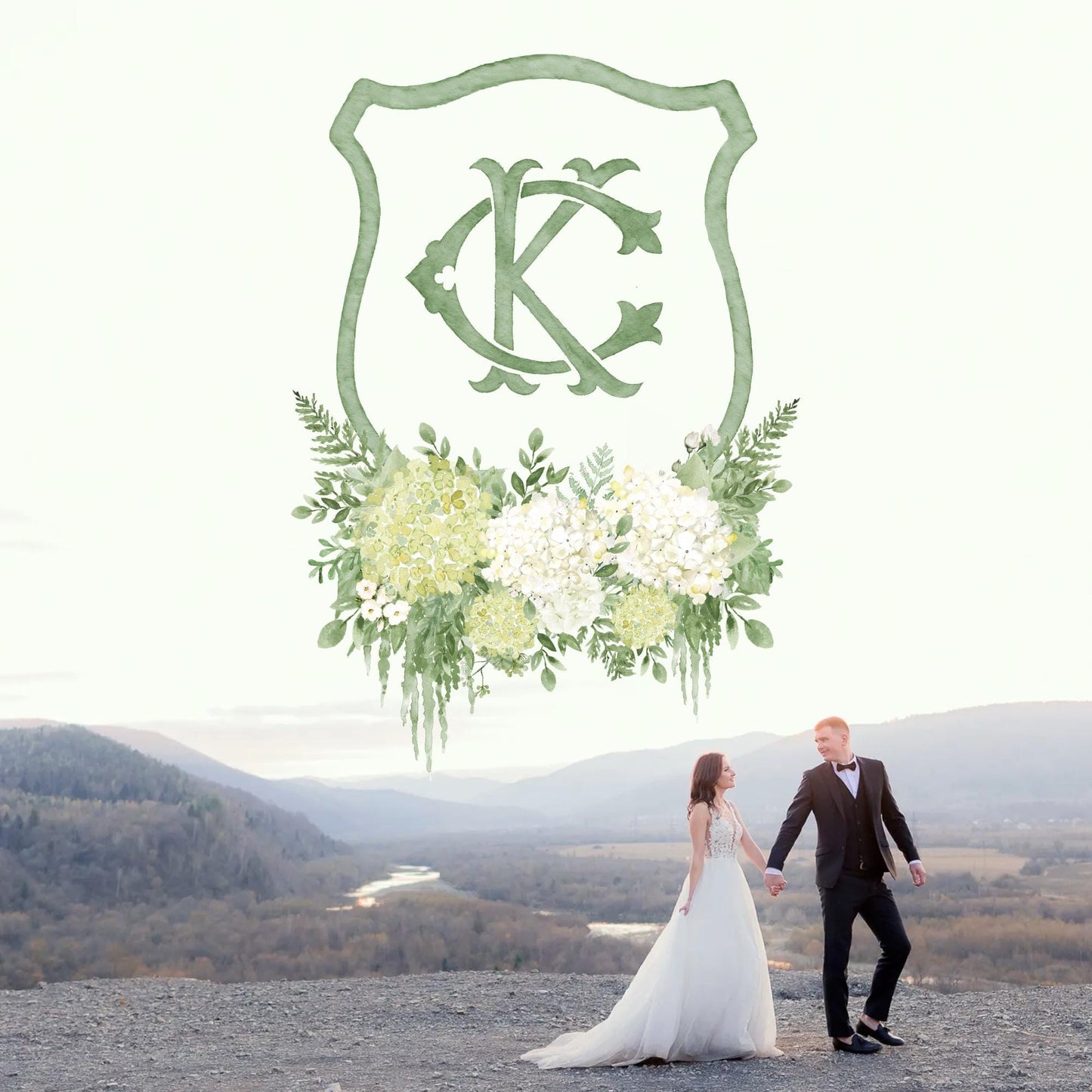 Green Hydrangea Flower Wedding Crest - Monogram Crest - Hydrangea White Floral Luxury Watercolor Wedding Crest - Romantic Wedding Crest