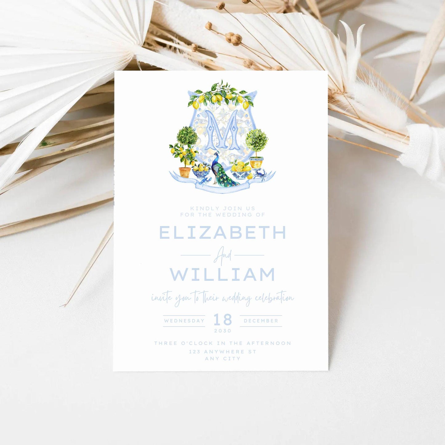Mediterranean Tiles and Lemons Wedding Crest - Monogram Crest - Mediterranean Tiles Watercolor Wedding Crest - Italy Style Monogram Crest