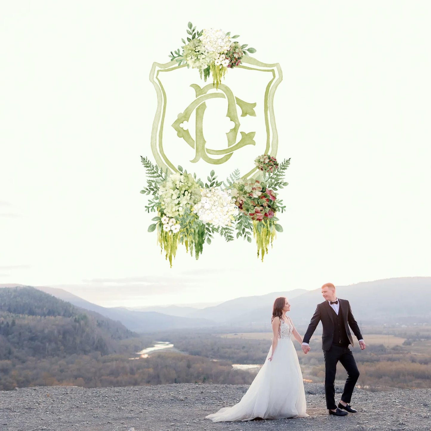 Hydrangea Macrophylla Green Flower Wedding Crest, Monogram Crest, Lush bright Greenery Floral Watercolor Wedding Crest, Hydrangea Crest