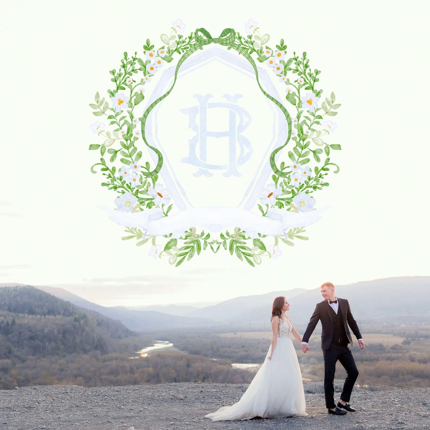 Watercolor Crest wedding Blue Little Flowers Bow Greenery Flower Wedding Crest - Monogram Crest - Floral Watercolor Wedding Crest