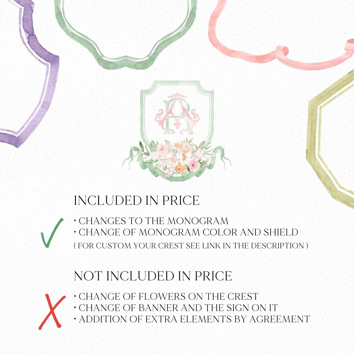 Wildflowers Pink Flower Garden Flowers Wedding Crest - Monogram Crest - Floral Luxury Watercolor Wedding Crest - Romantic Wedding Crest