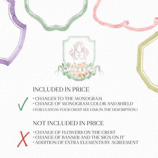 Wildflowers Pink Flower Garden Flowers Wedding Crest - Monogram Crest - Floral Luxury Watercolor Wedding Crest - Romantic Wedding Crest