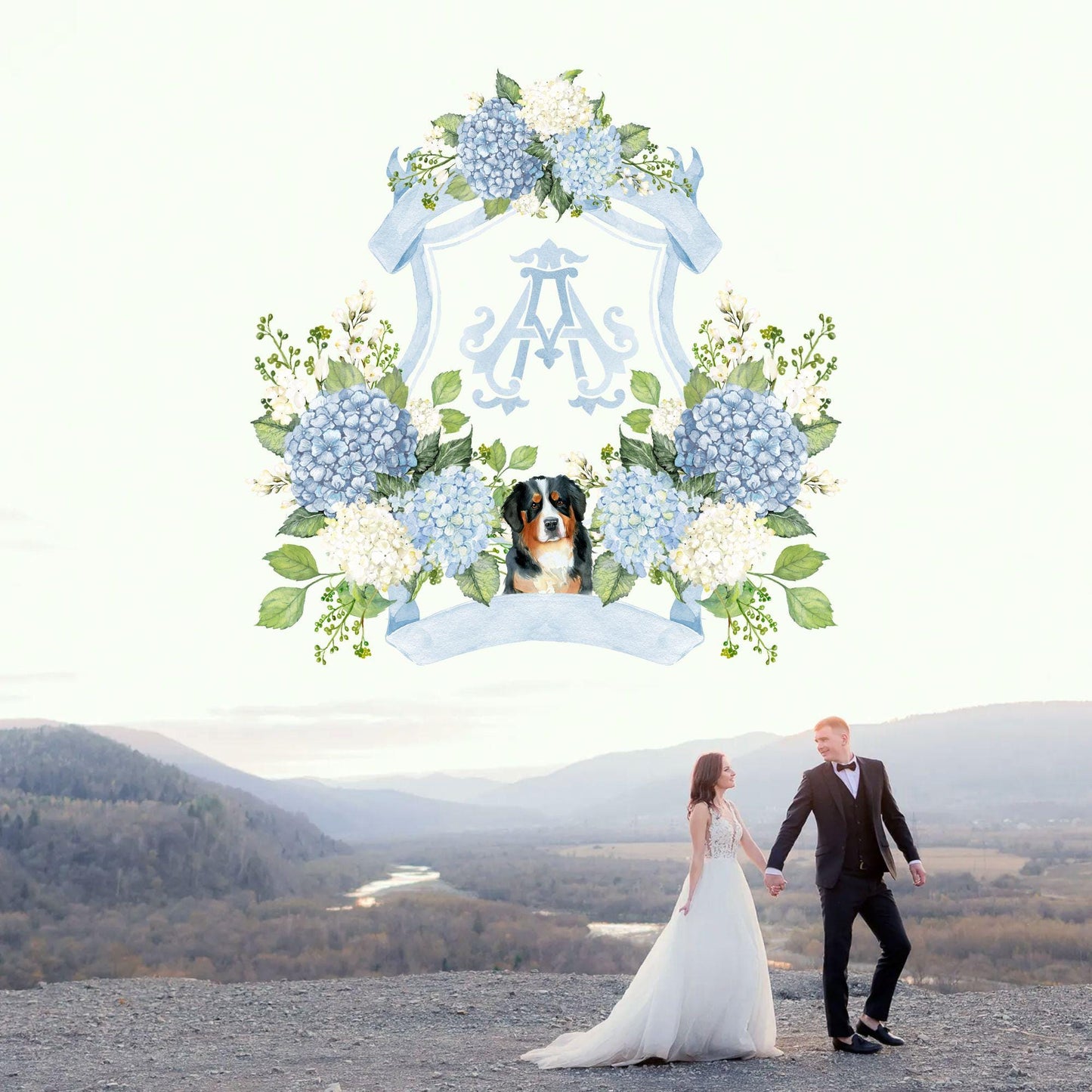 Hydrangea Flower Wedding Crest - Monogram Crest - Hydrangea Floral Luxury Watercolor Wedding Crest - Romantic Wedding Crest- Boho Hydrangea