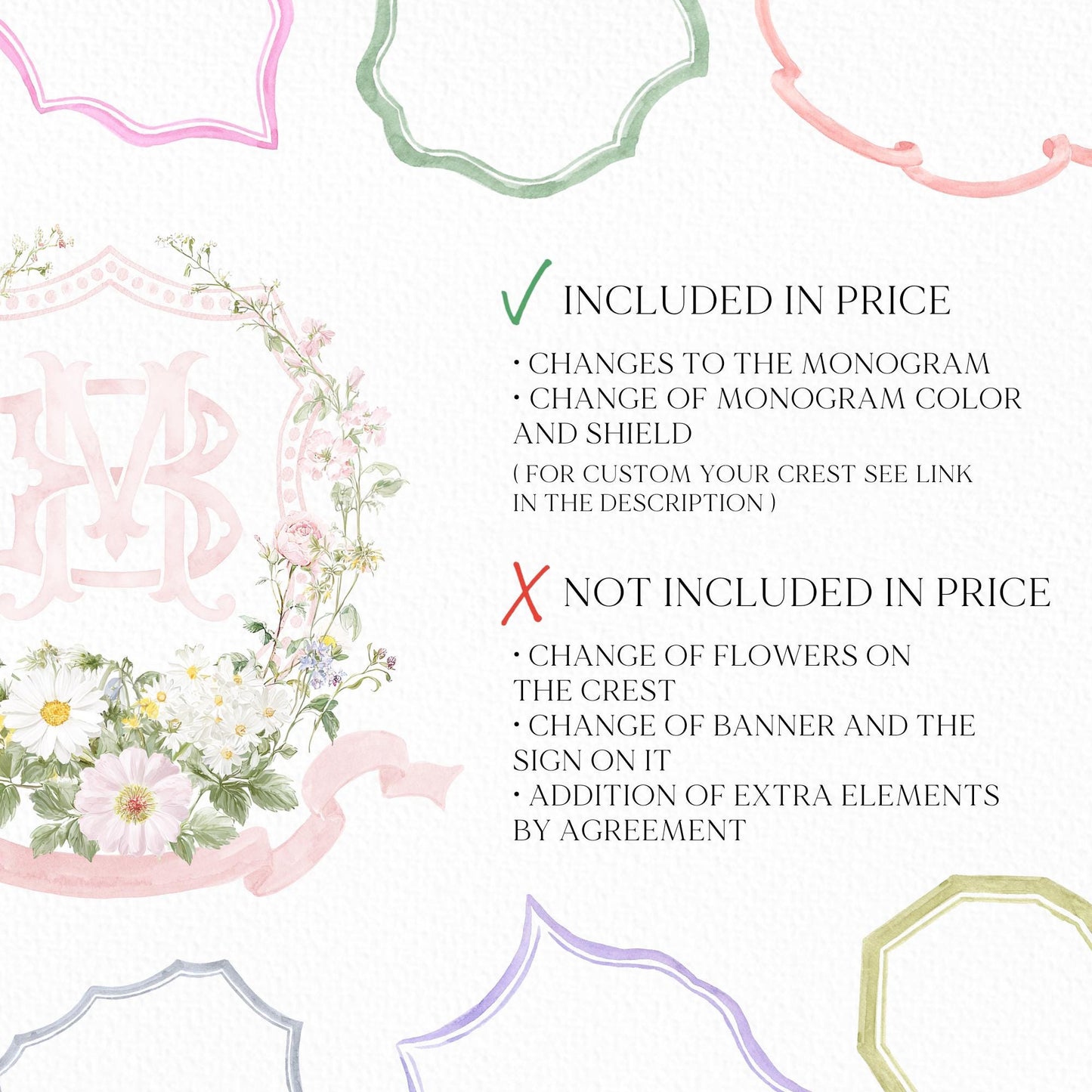 Pastel Wildflowers Light Pink Watercolor Wedding Crest - Monogram Crest - Floral Watercolor Wedding Crest - Romantic Wedding Crest