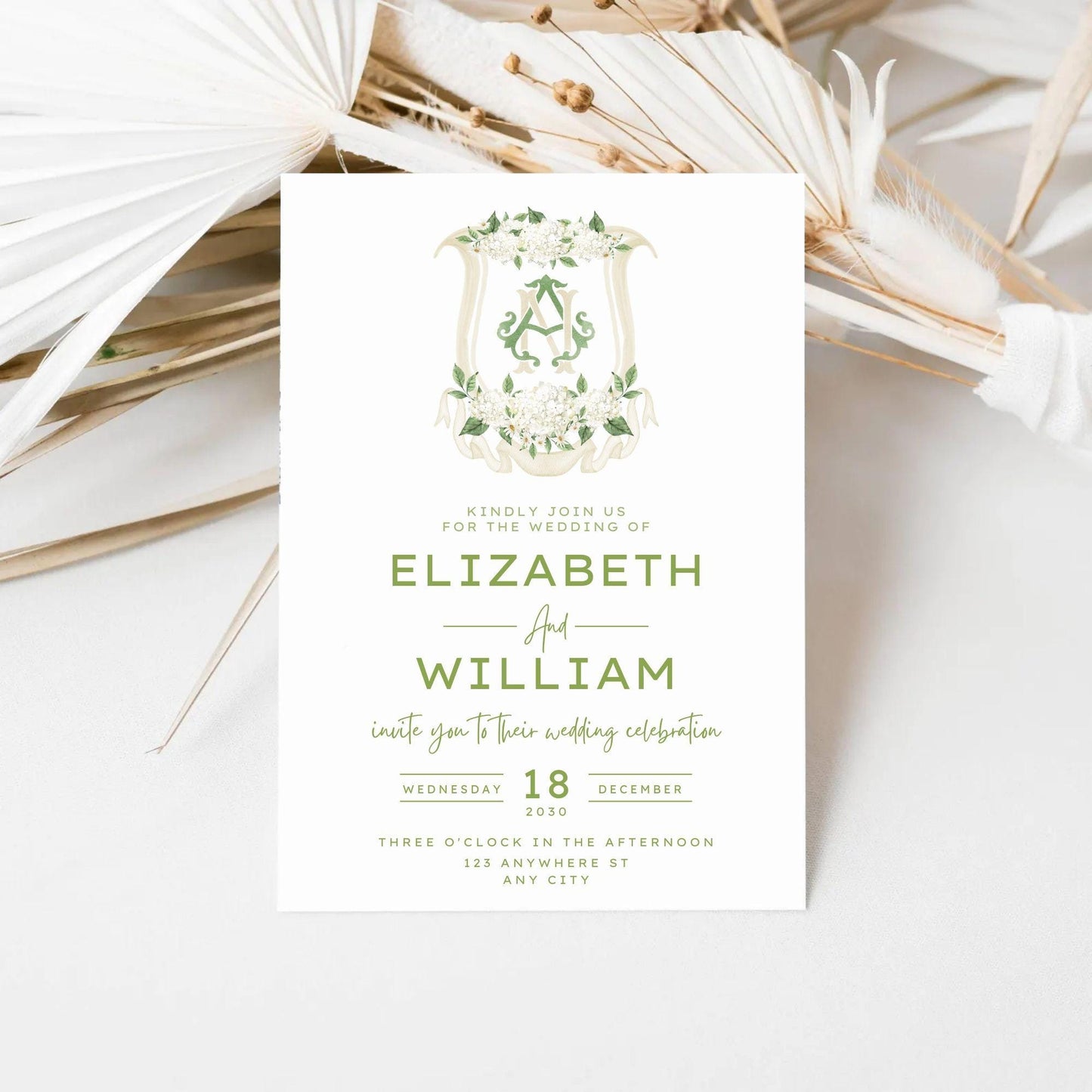 Hydrangea White Green Wedding Crest - Monogram Crest - Hydrangea Floral Luxury Watercolor Wedding Crest - Romantic Wedding Crest