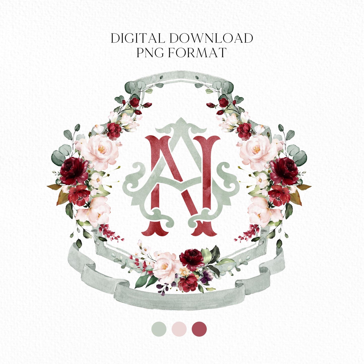 Geometric Burgundy blush Pink Floral Wedding Crest - Monogram Crest - Burgundy Floral Watercolor Wedding Crest - Romantic Wedding Crest