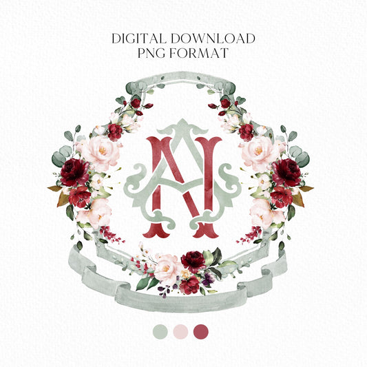 Geometric Burgundy blush Pink Floral Wedding Crest - Monogram Crest - Burgundy Floral Watercolor Wedding Crest - Romantic Wedding Crest