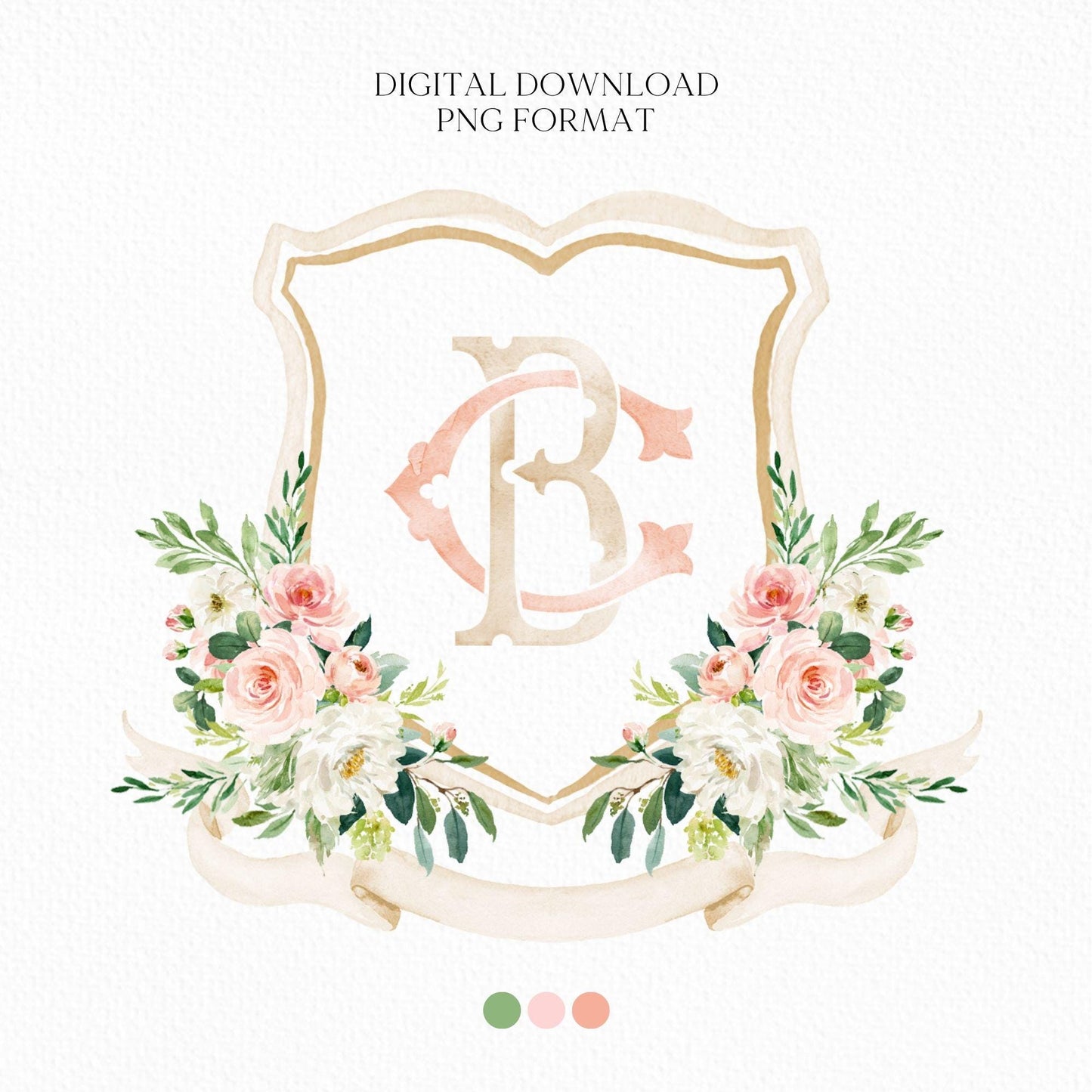 Blush Pink Floral Rustic Greenery Flower Wedding Crest - Monogram Crest - Floral Watercolor Wedding Crest - Romantic Wedding Crest