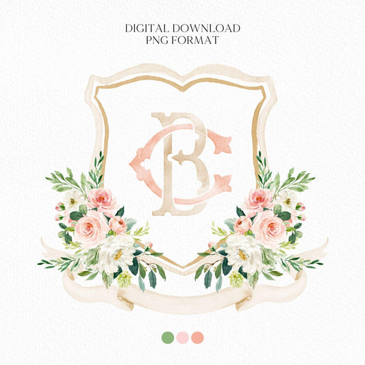Blush Pink Floral Rustic Greenery Flower Wedding Crest - Monogram Crest - Floral Watercolor Wedding Crest - Romantic Wedding Crest