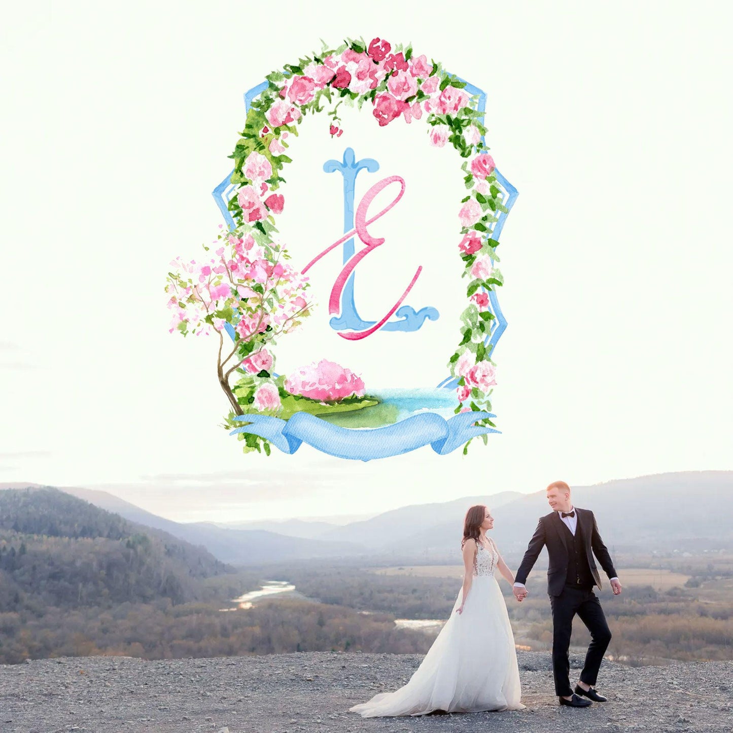 Blossom Tree Floral Garden Watercolor Flower Wedding Crest - Monogram Crest - Floral Watercolor Wedding Crest - Romantic Wedding Crest