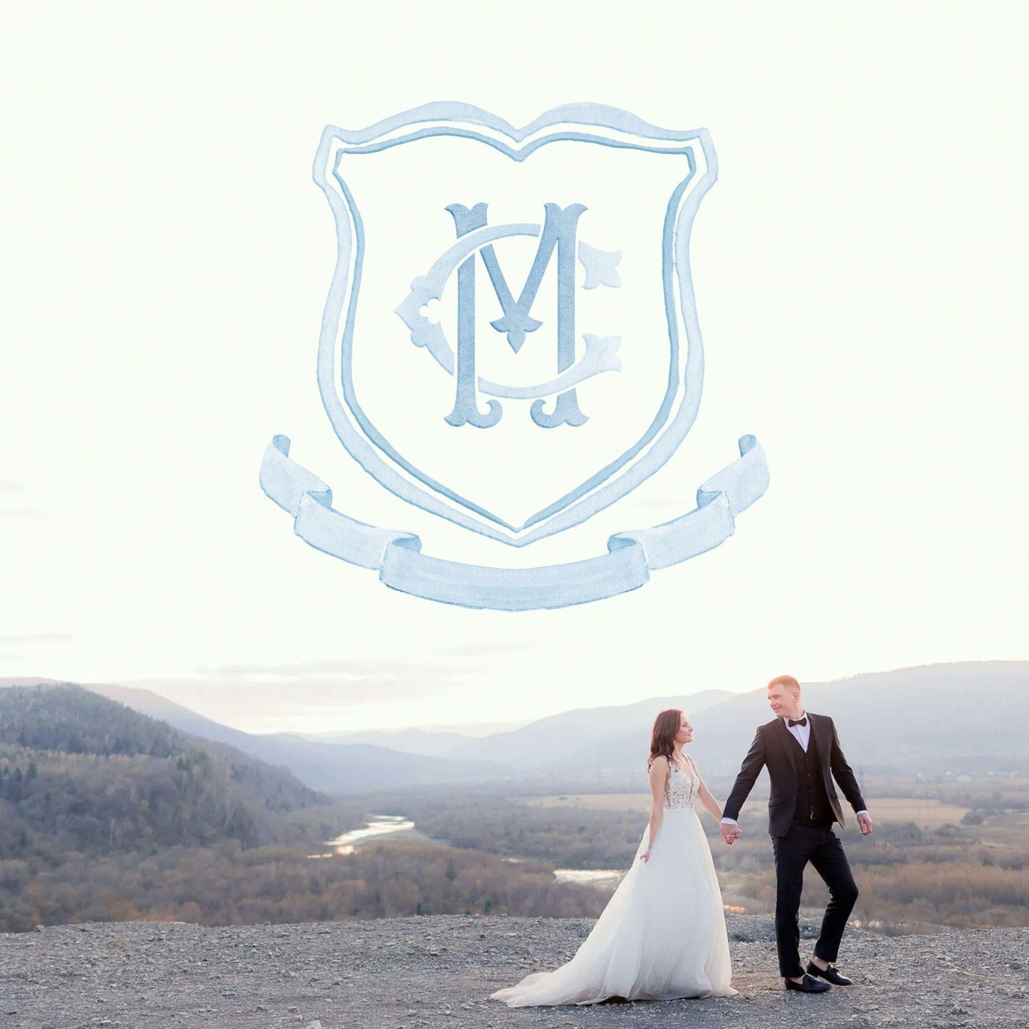 Blue Modern Classic Wedding Crest - Monogram Crest - Watercolor Wedding Crest - Romantic Wedding Crest - Custom Monogram Initial Letters