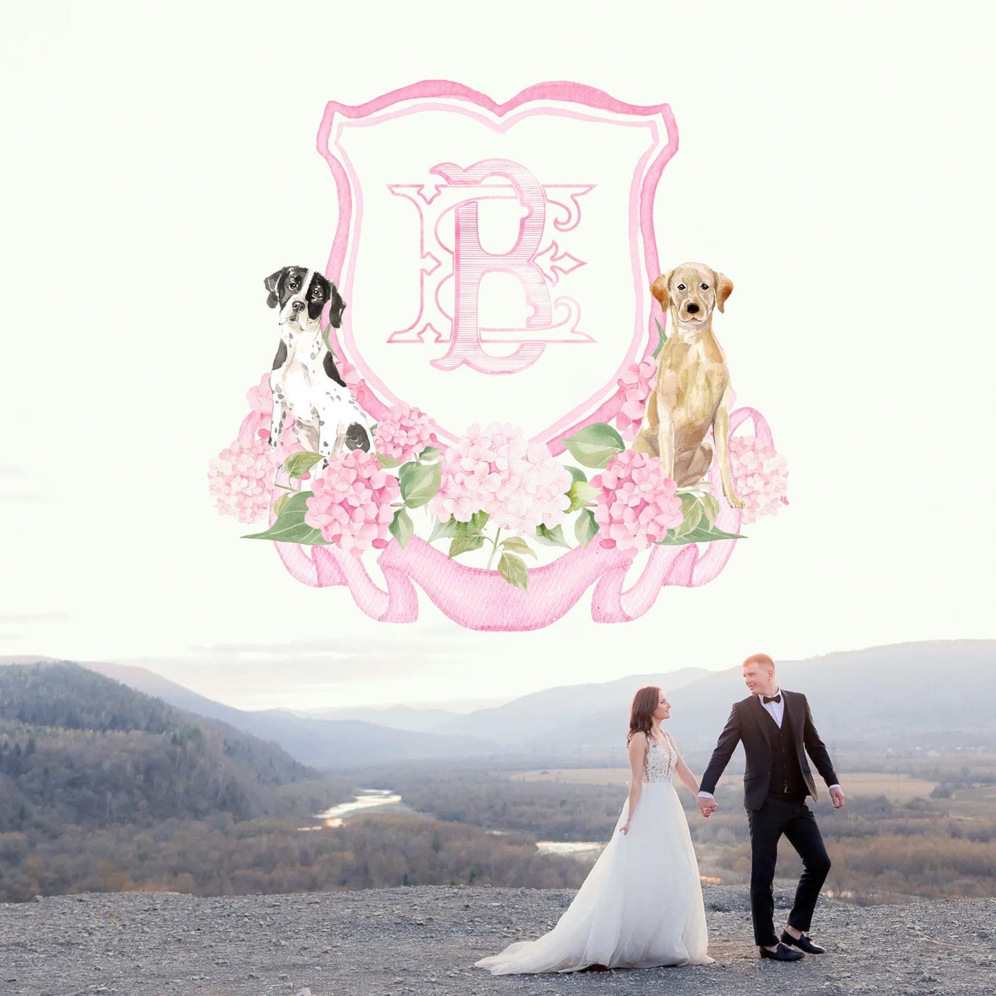 Hydrangea Pink Green Floral Wedding Crest - Monogram Crest - Hydrangea Floral Luxury Watercolor Wedding Crest - Romantic Wedding Crest