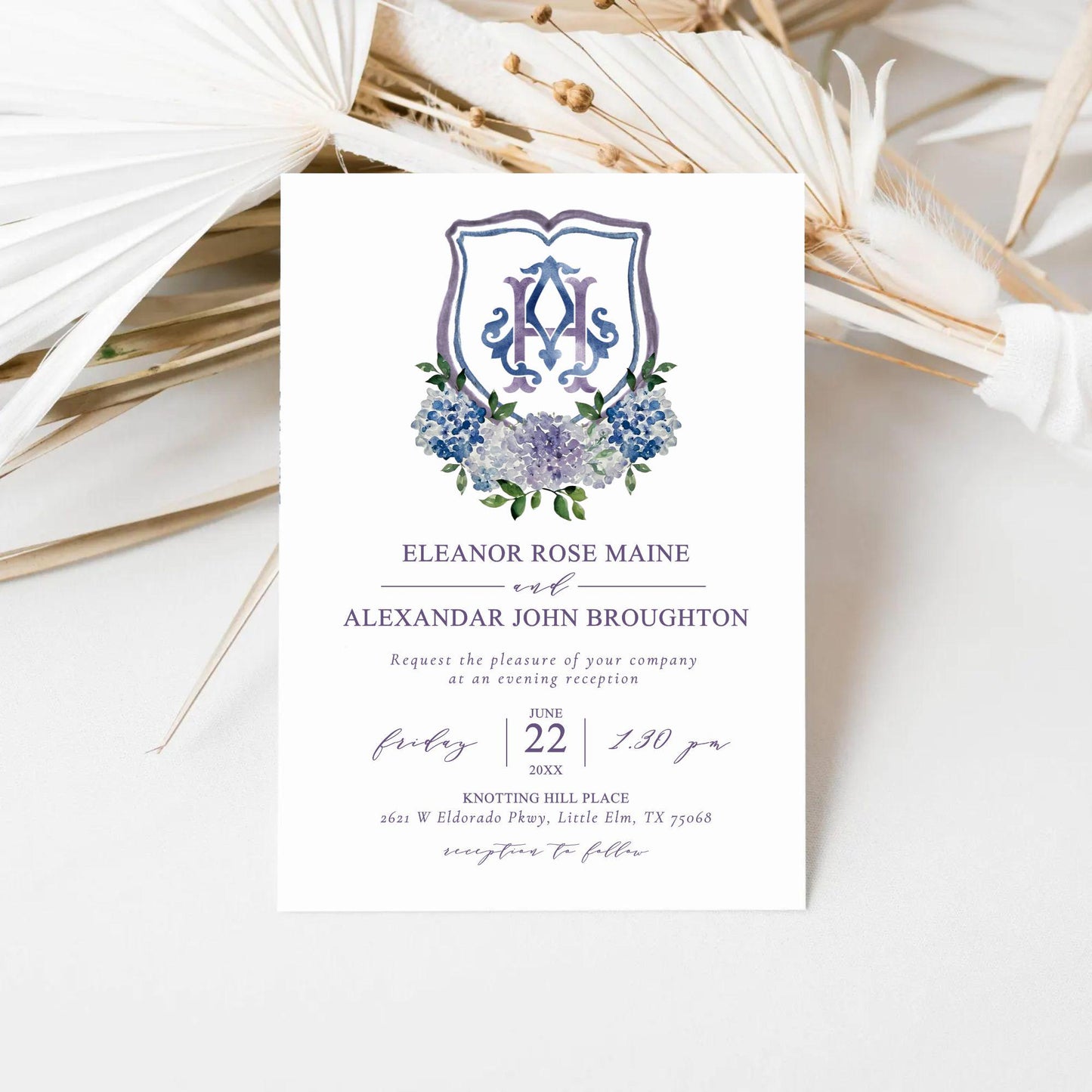 Navy Blue Hydrangea Flower Wedding Crest - Monogram Crest - Purple Hydrangea White Floral Watercolor Wedding Crest Romantic Wedding Crest